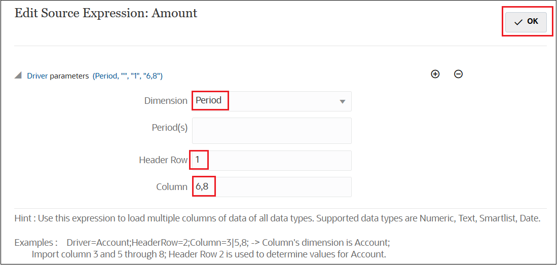 Edits Source Expression dialog box with parameters defined for Amount