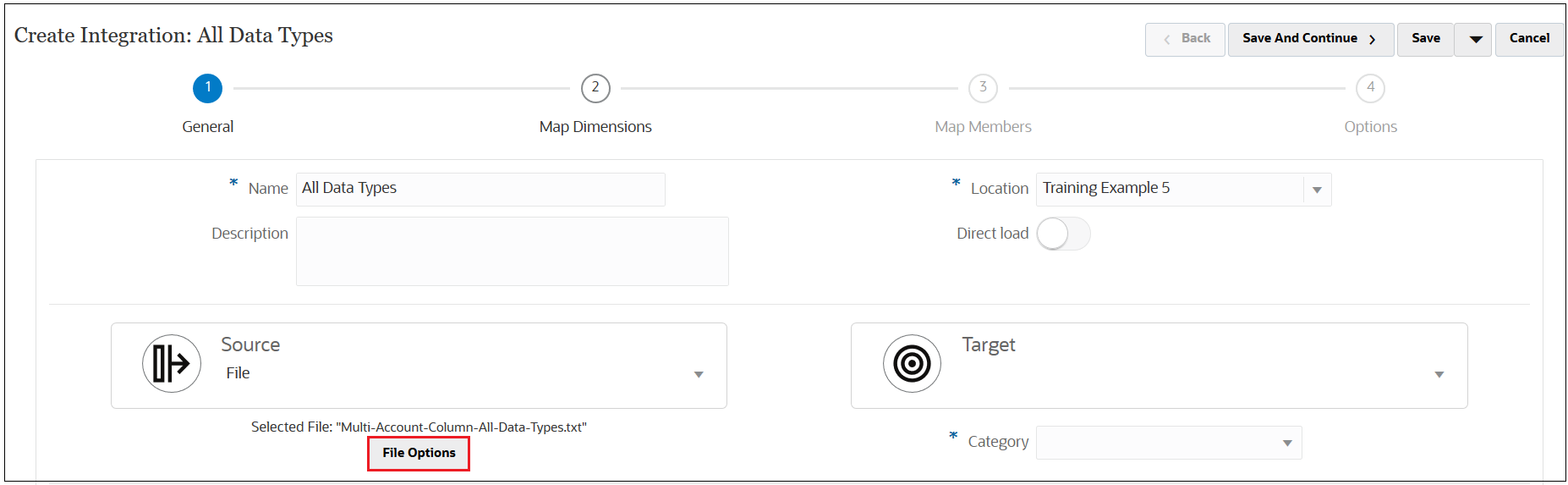 Create Integrations screen with File Options selected