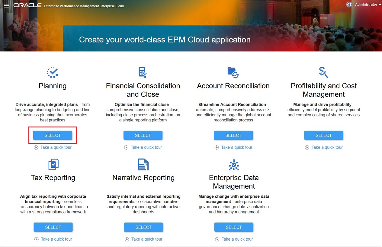 EPM Cloud Landing page with Planning selected