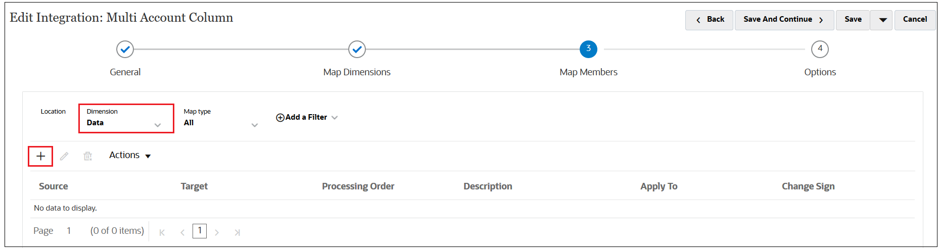 Edit Integration screen with Data and the Add button selected