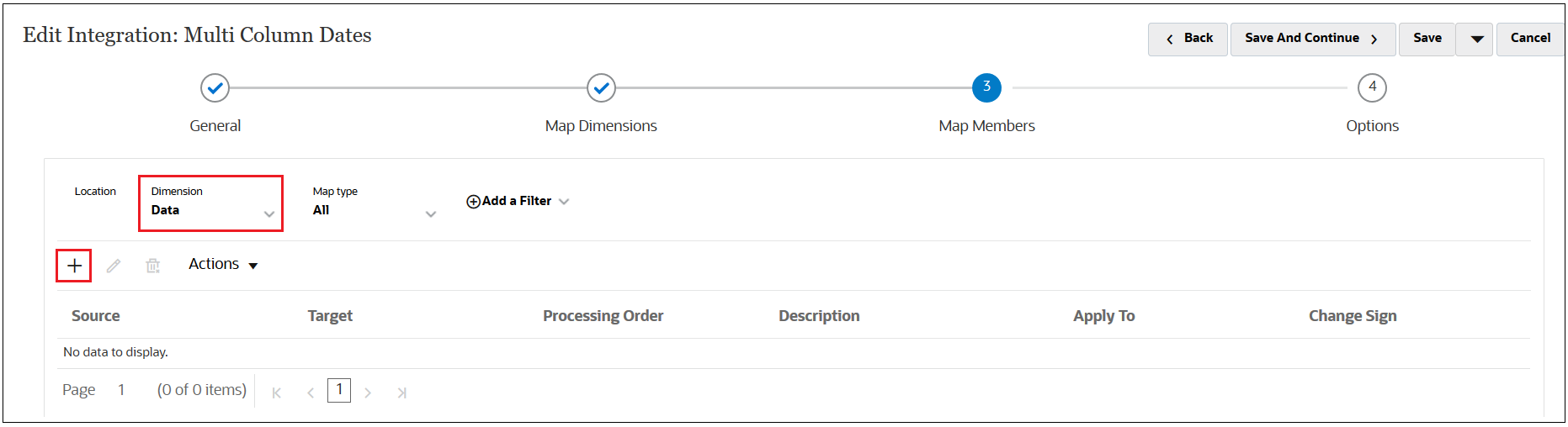 Edit Integration screen with Data and the Add button selected