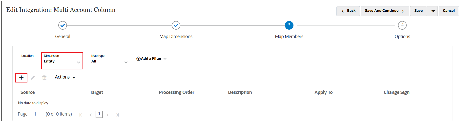 Edit Integration screen with Entity and the Add button selected