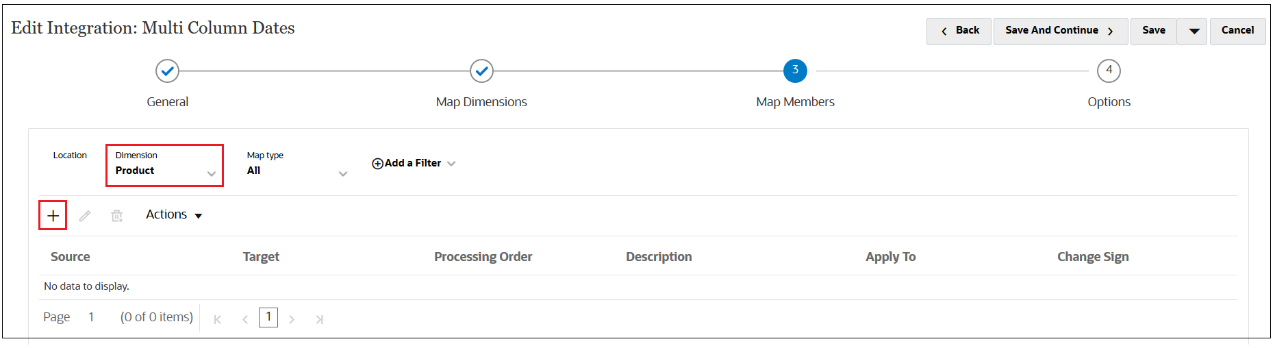 Edit Integration screen with Product and the Add button selected