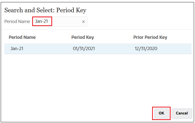 Search andSelect dialog box with Jan-21 entered as the key