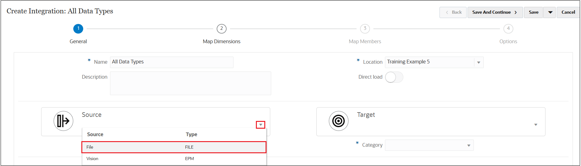 Create Integration screen with File selected under Source