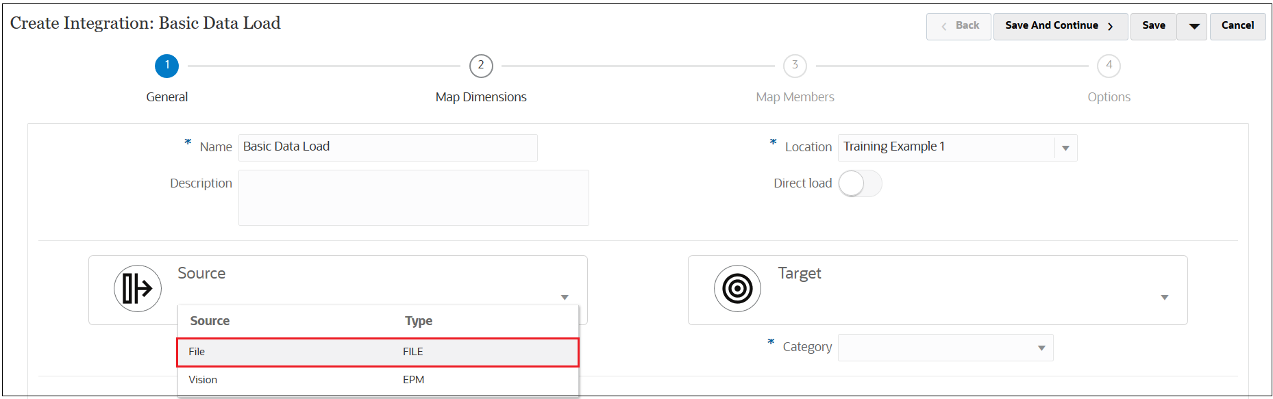 Create Integration screen with File selected under Source