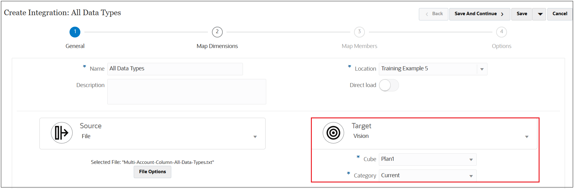 Create Integration screen with the Target information highlighted