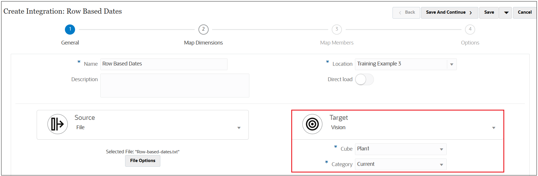 Create Integration screen with the Target information highlighted