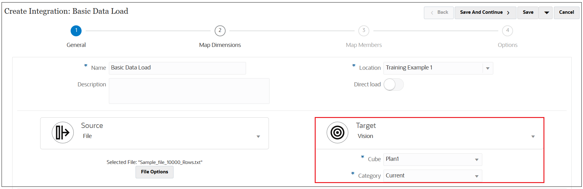 Create Integration screen with the Target infornation highlighted