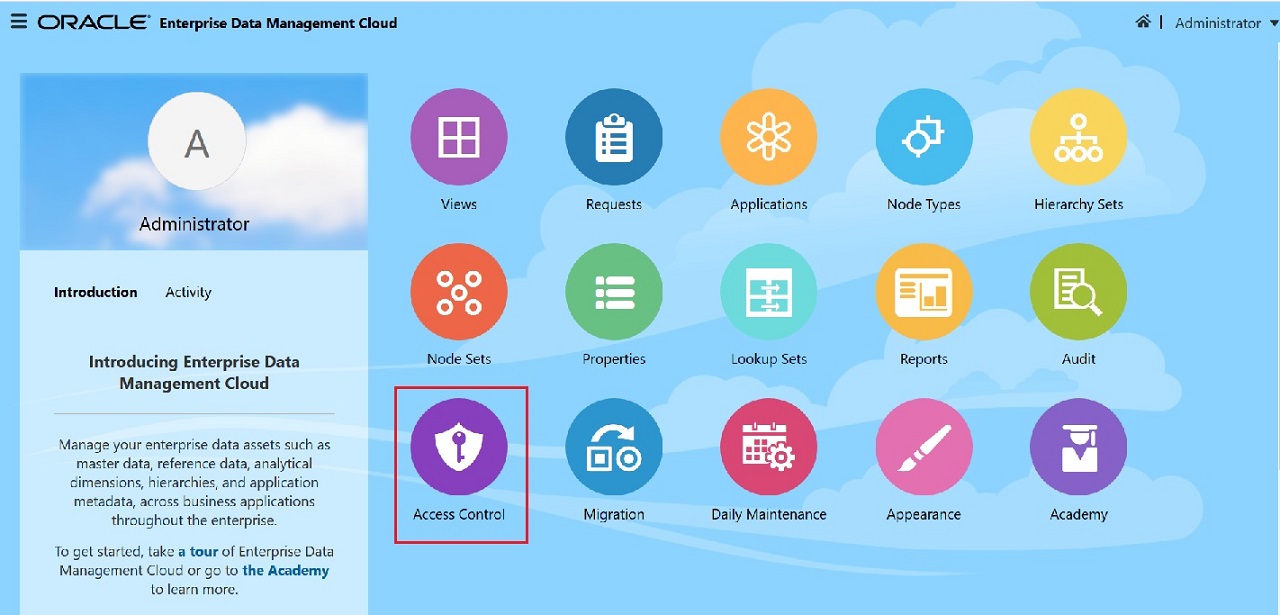Enterprise Data Management Cloud home page with Access Control selected