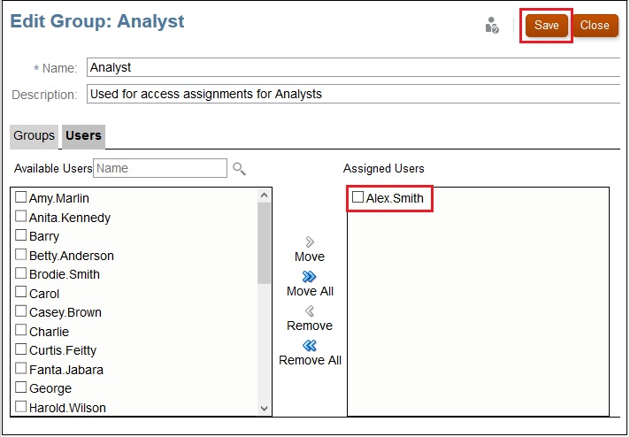 Edit Group: Analyst dialog box with Alex Smith as an assigned user