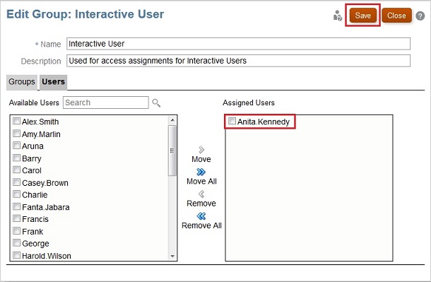 Edit Group: Interactive User dialog box with Anita Kennedy as an assigned user