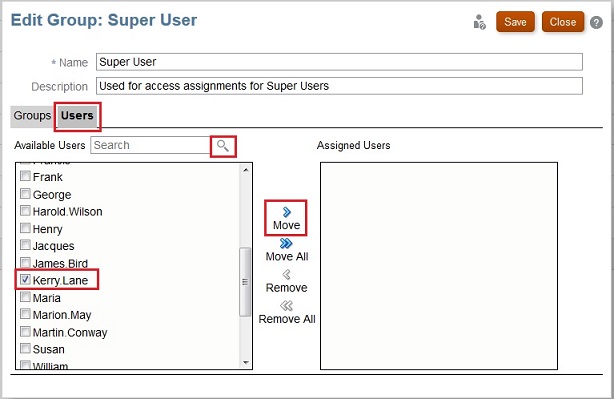 Edit Group: Super User dialog box with Kerry Lane selected