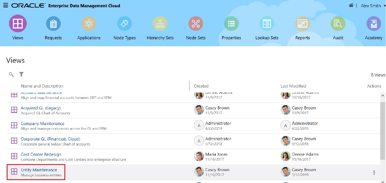 Enterprise Data Management Cloud screen with the Entity Maintenance view selected