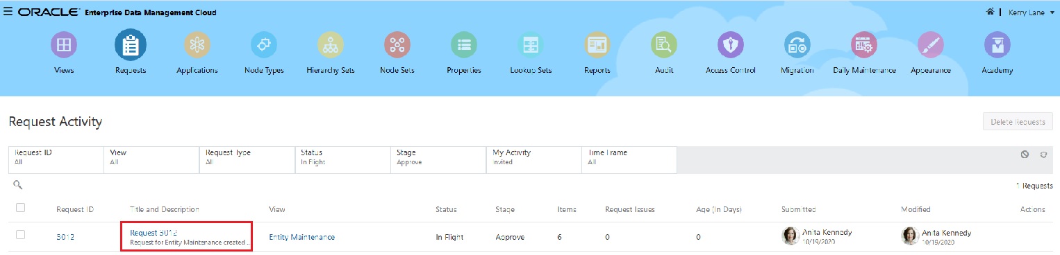 Request Activity screen with the request selected
