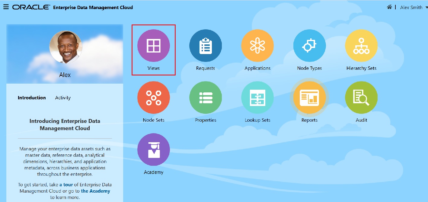 Enterprise Data Management Cloud Home screen with Views selected