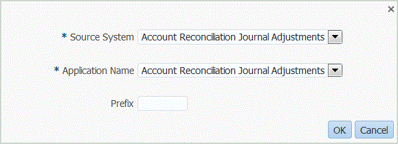 Image shows how to select the source system and target application for account reconciliations journal adjustments.