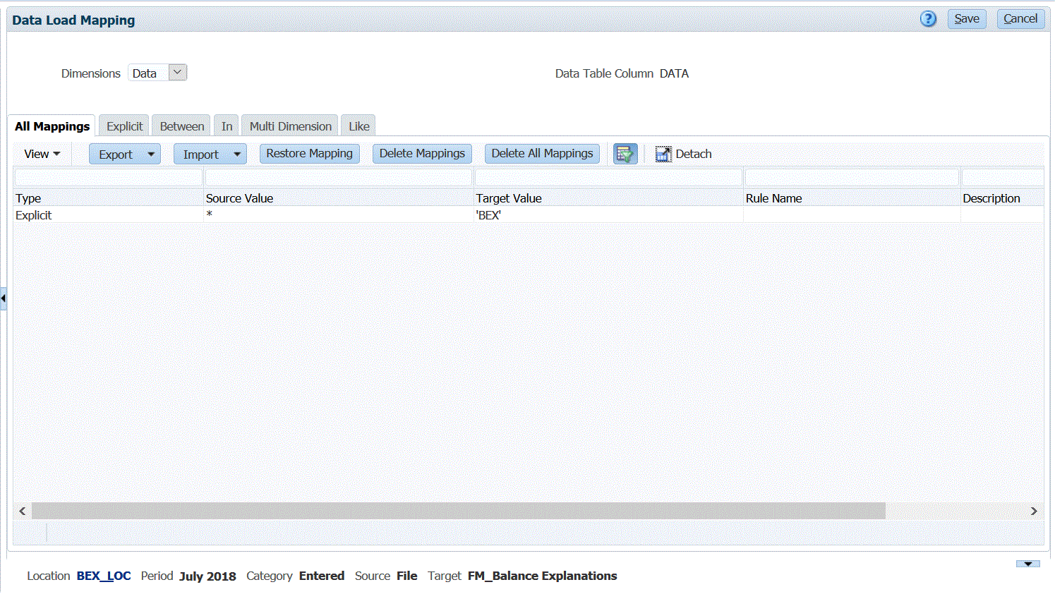 Image shows the Data Load Mapping page.