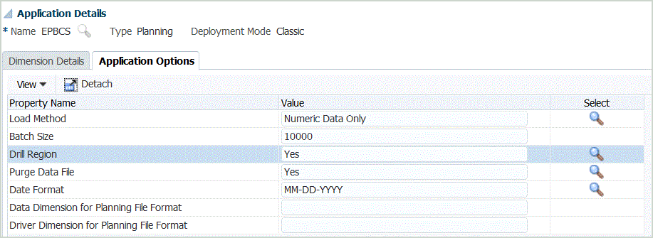 Image shows Drill Region option on the Application Options screen.