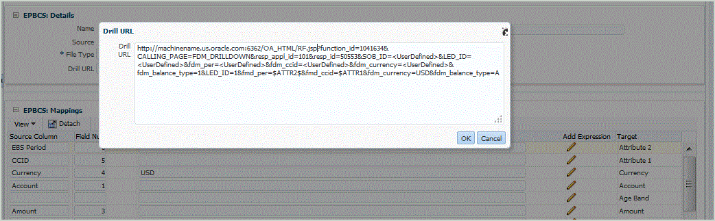 Image shows Drill URL edit window.