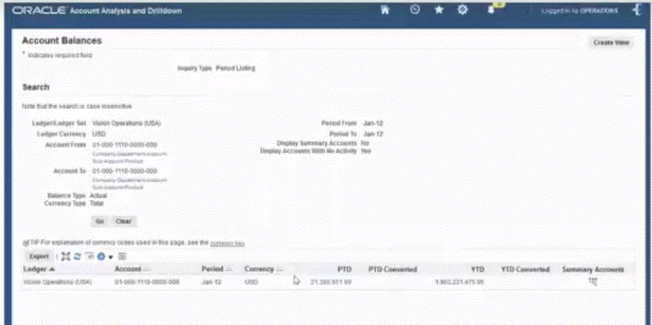 Image shows the Account Balances page of the E-Business Suite application.