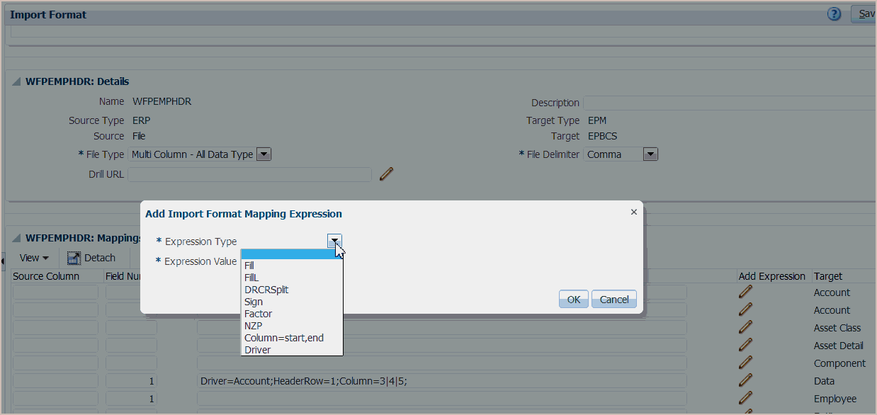 Image shows Expression Type drop-down