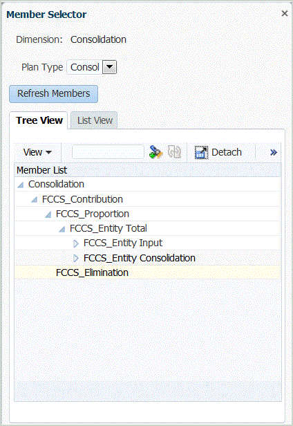 Image shows Member Selector screen for consolidation dimension values.