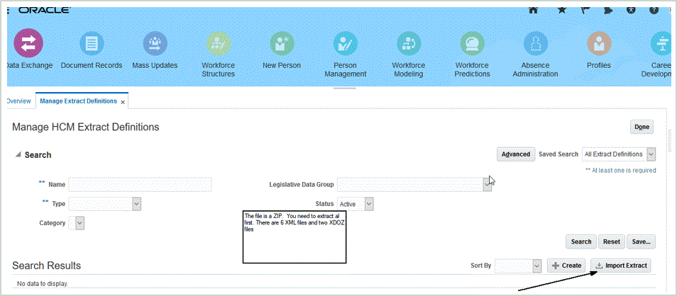Manage HCM Extract Definition screen