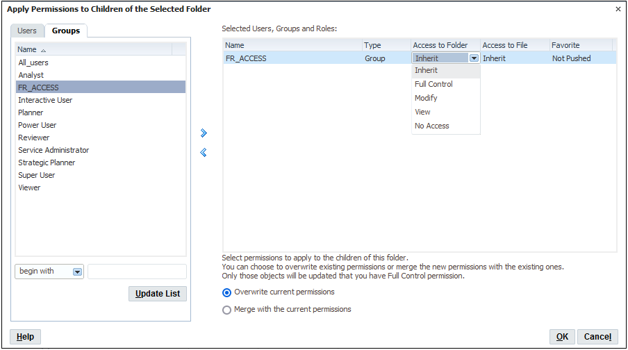 Apply Permissions to Children of the Selected Folder dialog box