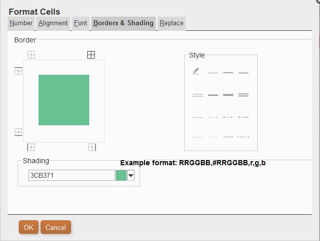 Format Cells dialog box with background color set to green