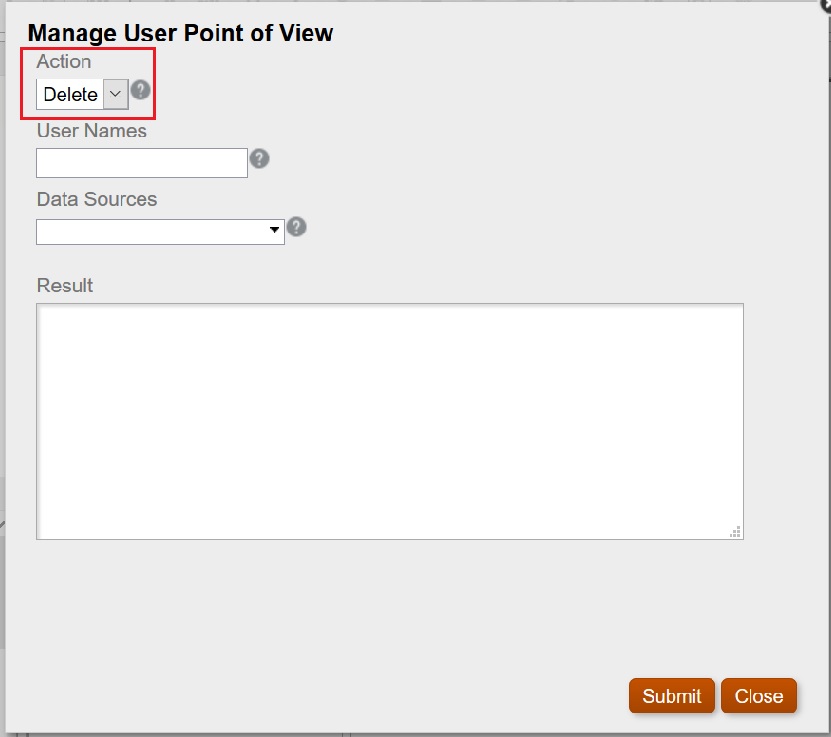 Manage User Point of View dialog box with Delete selected