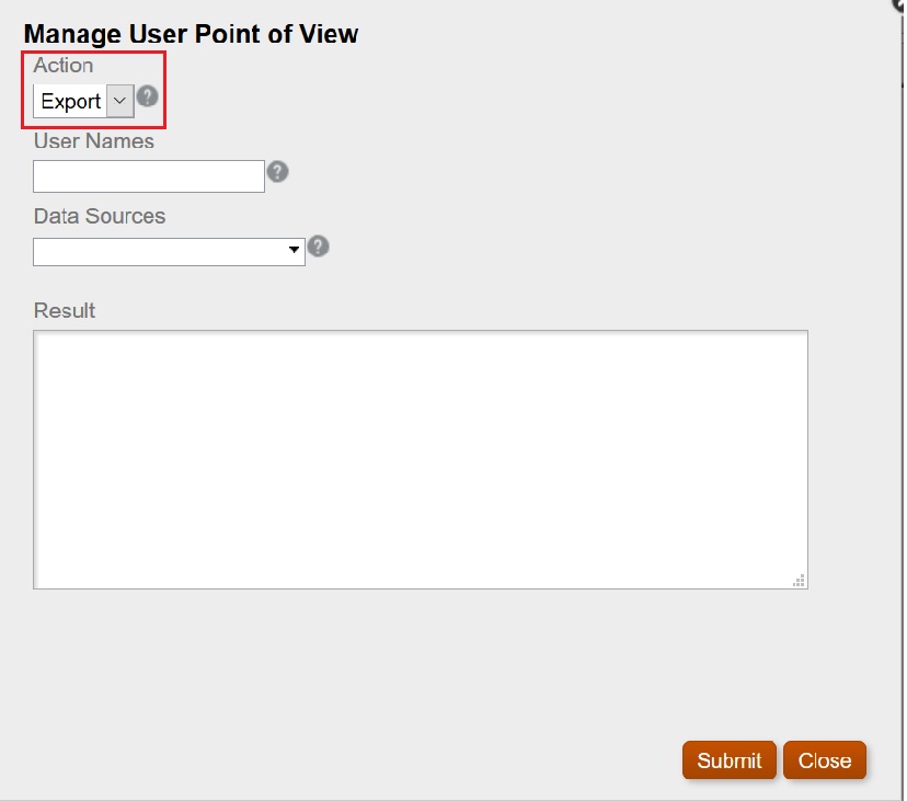 Manage User Point of View Dialog Box with Export Selected