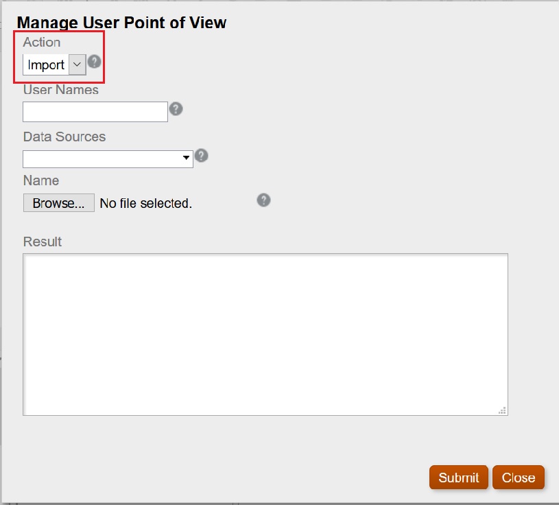 Manage User Point of View dialog box with Import selected