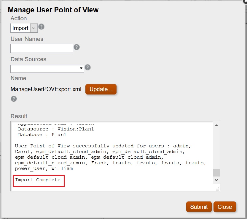 Manager User Point of View dialog box with a message saying that the import was complete