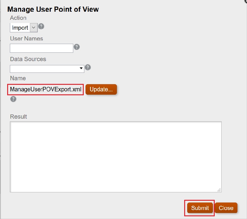 Manage User Point of View dialog box with the ManageUserPOVExport XML file displayed