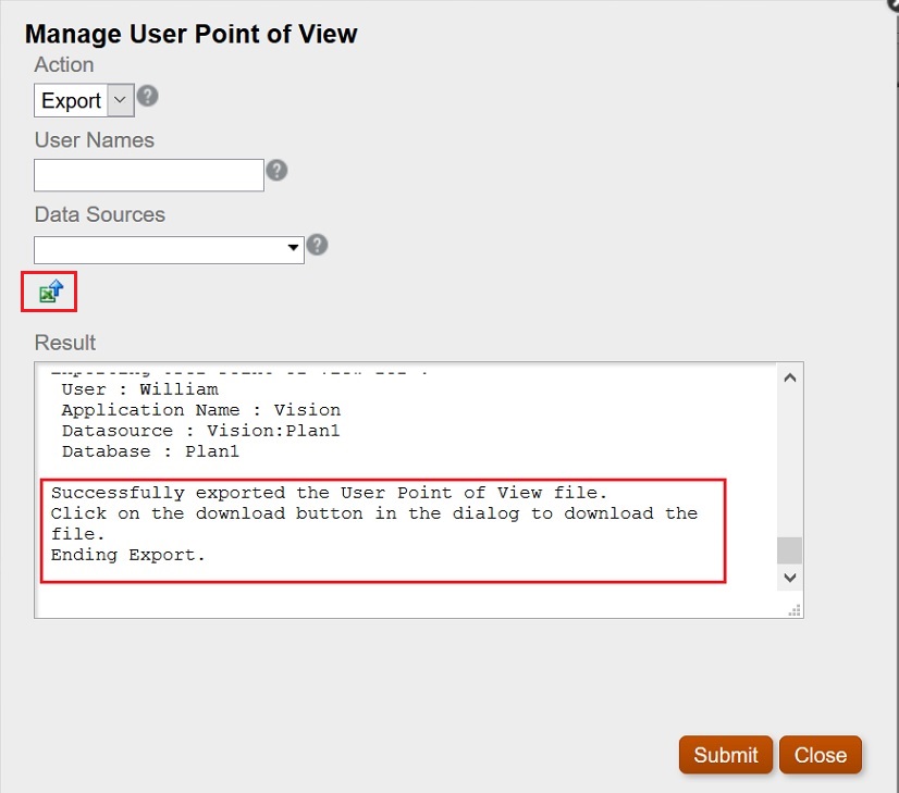 Manage User Point of View dialog box showing that the export was successful