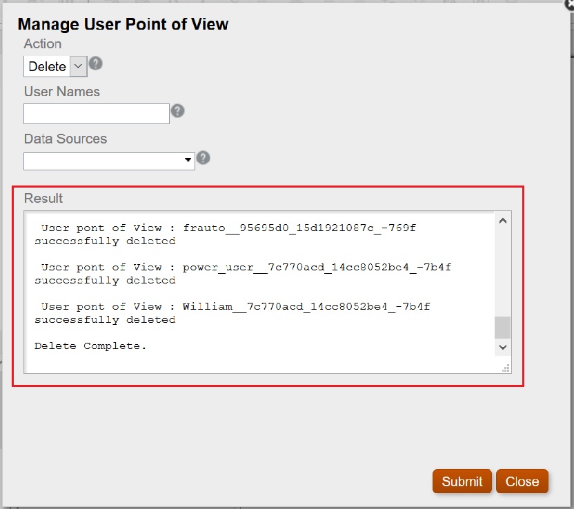 Manage User Point of view dialog box with the Results section showing a successful deletion of the POVs.