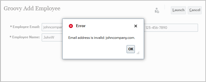 Invalid Employee Email Error Message