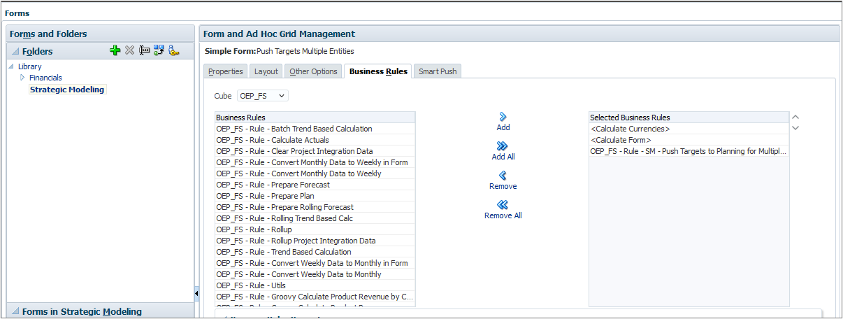 Business Rules Tab with Push Targets to Planning for Multiple Entities rule added