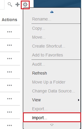 Actions menu with the Import options selected Actions menu with the Import options selected