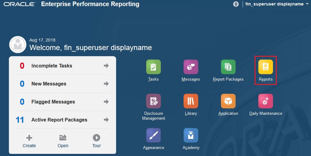 Home Page with Reports selected Home Page with Reports selected