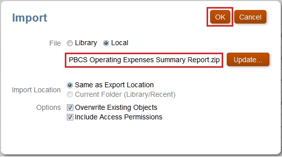 Import dialog box with the zip file displayed Import dialog box with the zip file displayed