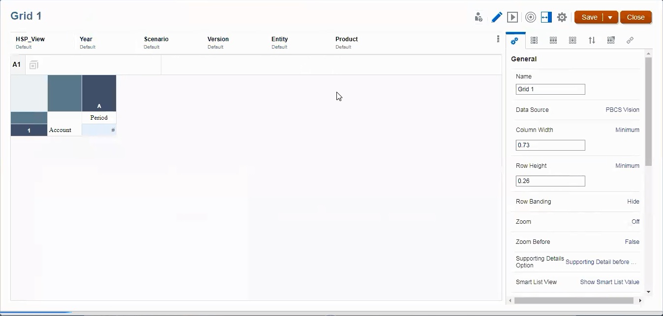 Initial Grid with the Period dimension as a column and the Account dimension as a row Initial Grid with the Period dimension as a column and the Account dimension as a row