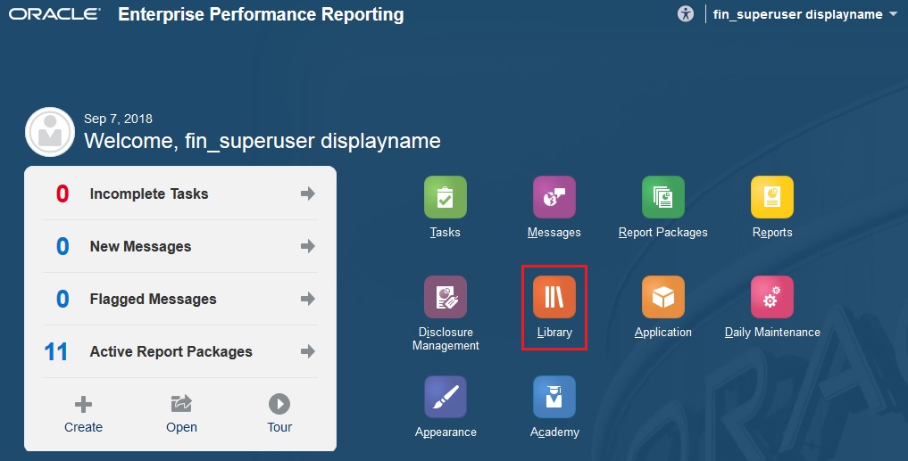 Enterprise Performance Reporting Home page with the Library option selected Enterprise Performance Reporting Home page with the Library option selected