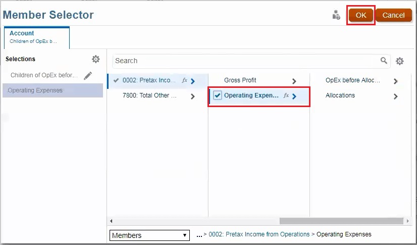Member Selector with Operating Expenses selected Member Selector with Operating Expenses selected