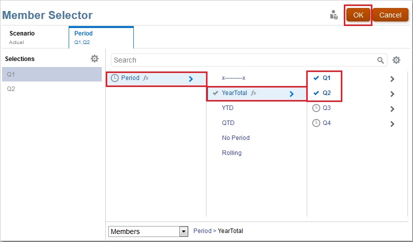 Member Selector with Q1 and Q2 selected in the Period, YearTotal dimension Member Selector with Q1 and Q2 selected in the Period, YearTotal dimension