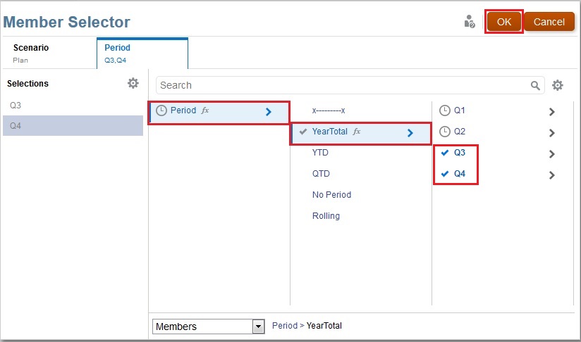 Member Selector with Q1 and Q2 selected in the Period, YearTotal dimension Member Selector with Q1 and Q2 selected in the Period, YearTotal dimension