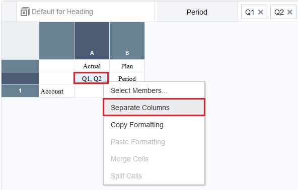 Q1,Q2 cell with the Separate Columns menu option selected Q1,Q2 cell with the Separate Columns menu option selected