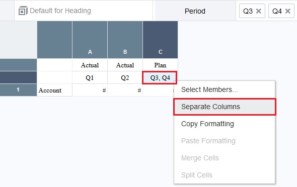Q3,Q4 cell with the Separate Columns menu option selected Q3,Q4 cell with the Separate Columns menu option selected