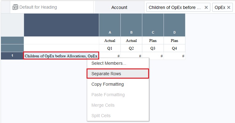 Row 1 selected with Separate Rows selected in the drop-down Row 1 selected with Separate Rows selected in the drop-down